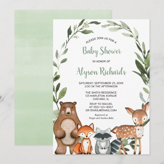 Woodland greenery gender neutral cute animals baby invitation (Front/Back)