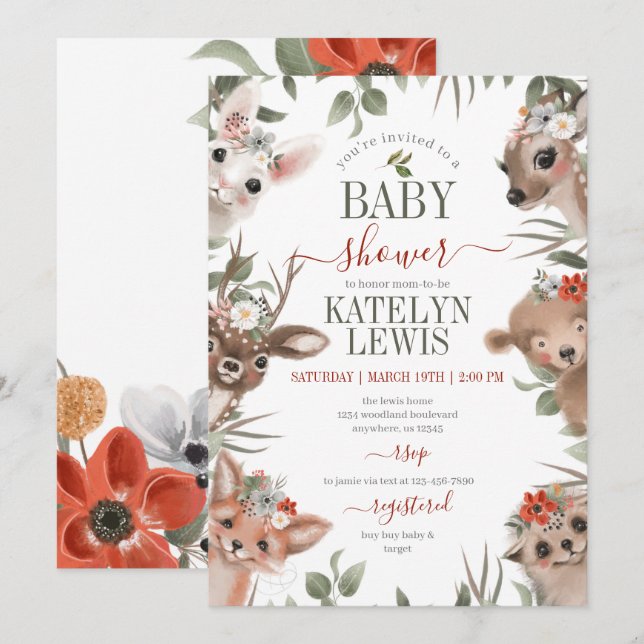 Woodland Greenery Girl Baby Shower Invitation (Front/Back)