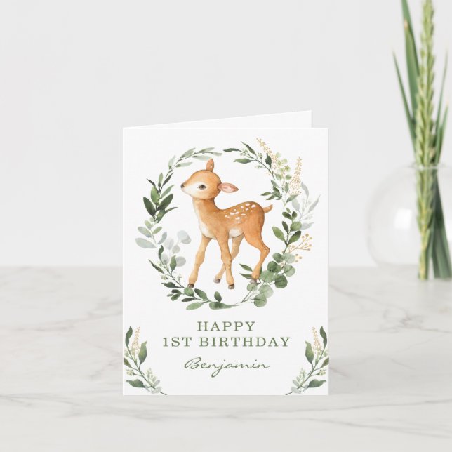 Woodland Greenery Gold Deer Happy Birthday Card (Front)