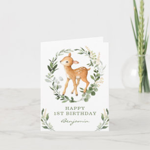Woodland Greenery Gold Deer Happy Birthday Card
