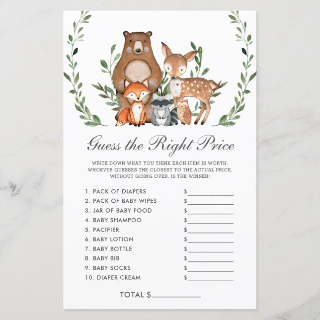 Woodland Greenery Guess Right Price Shower Game (Front)