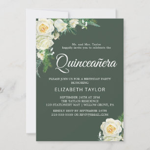Woodland Greenery Hunter Green Quinceañera  Invitation
