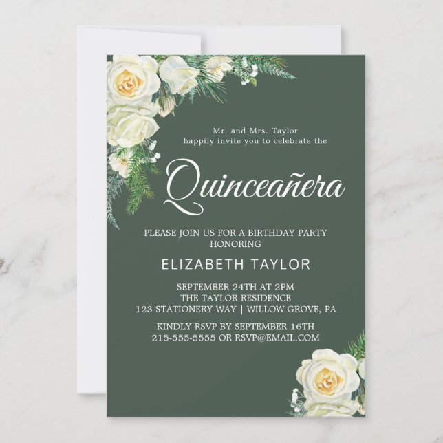 Woodland Greenery Hunter Green Quinceañera  Invitation (Front)