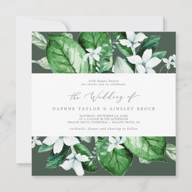 Woodland Greenery | Hunter Green Square Wedding Invitation (Front)