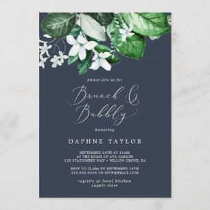 Woodland Greenery Navy Blue Brunch and Bubbly Invitation