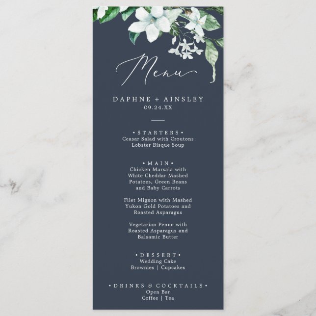 Woodland Greenery | Navy Blue Wedding Dinner Menu (Front)