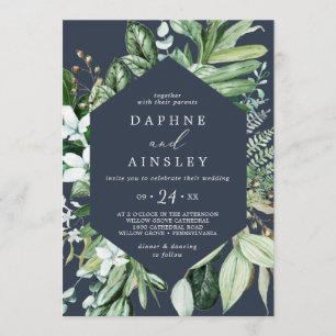 Woodland Greenery Navy Casual Wedding Invitation