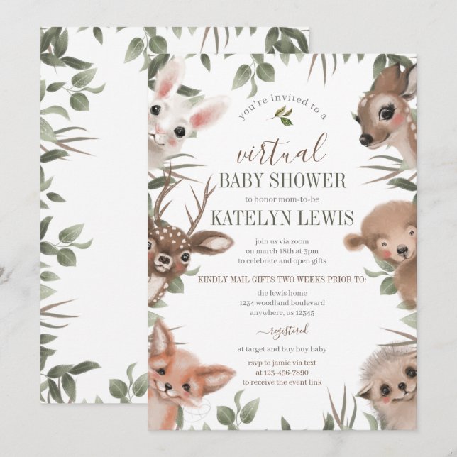 Woodland Greenery Virtual Baby Shower Invitation (Front/Back)