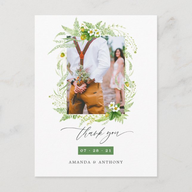 Woodland Greenery Wedding Photo Thank You Postcard (Front)