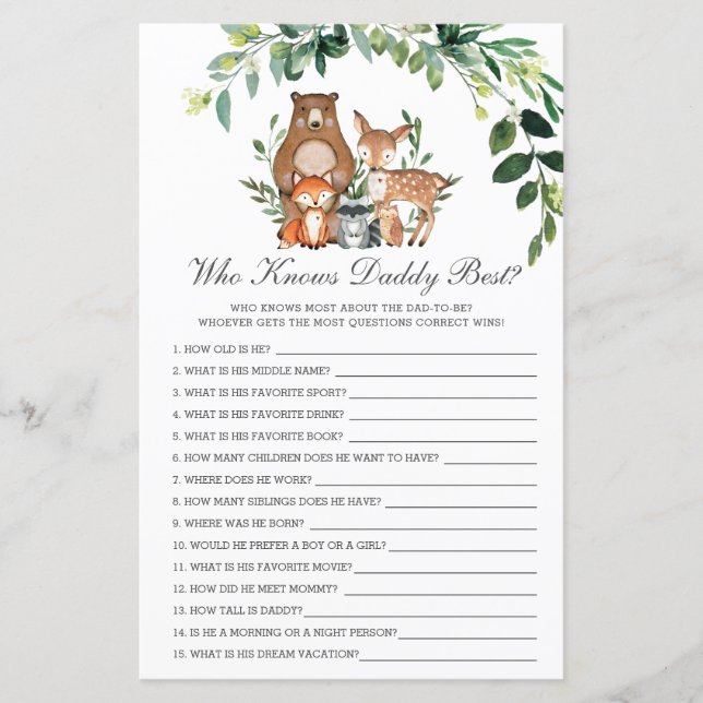 Woodland Greenery Who Knows Daddy Best Shower Game (Front)