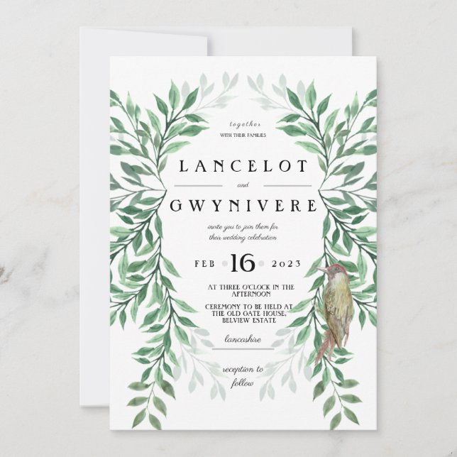 Woodland Greenery woodpecker rustic invite (Front)
