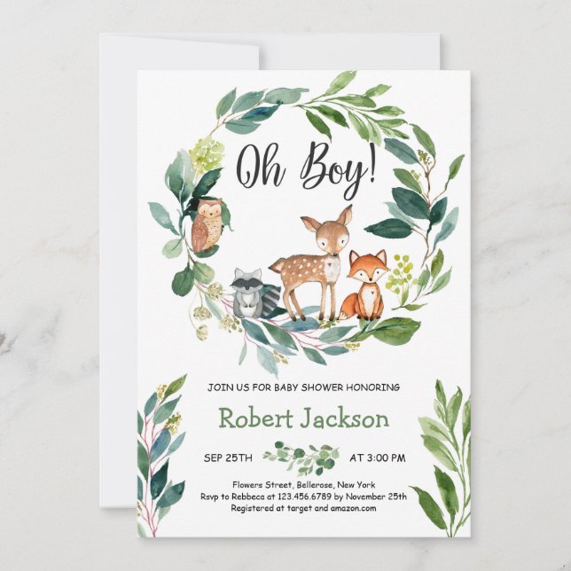 Woodland greenery wreath animals oh boy baby invitation (Front)