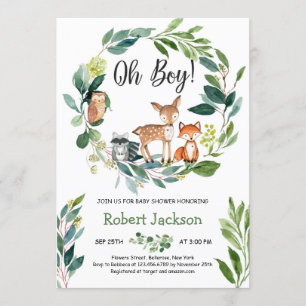 Woodland greenery wreath animals oh boy baby invitation