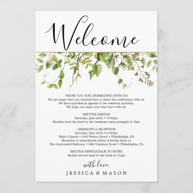 Woodland Greens Wedding Welcome Itinerary Letter Programme (Front)