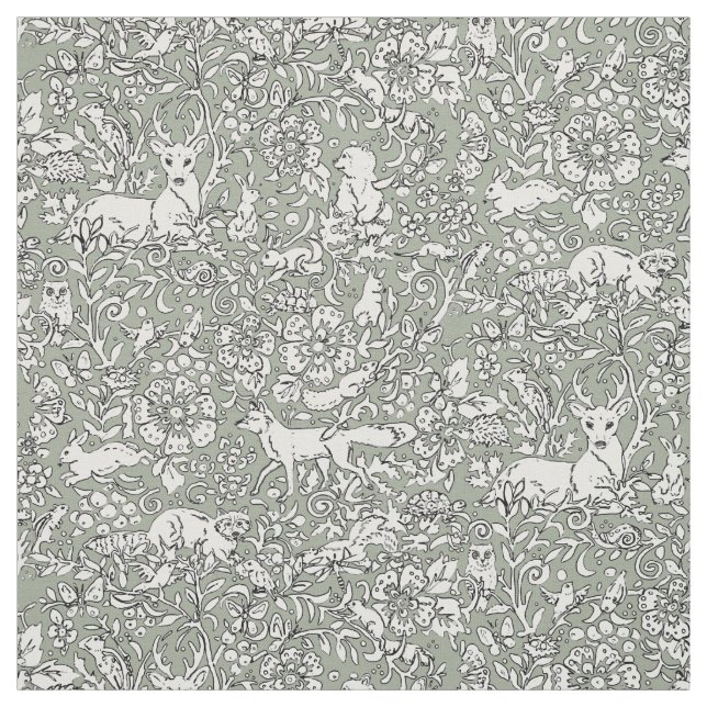 Woodland Grey Green Animal Pattern Deer Fox Rabbit Fabric (Swatch)