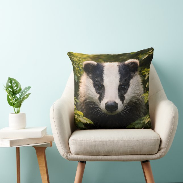 Woodland guardian premium badger portrait throw pi cushion (Chair)