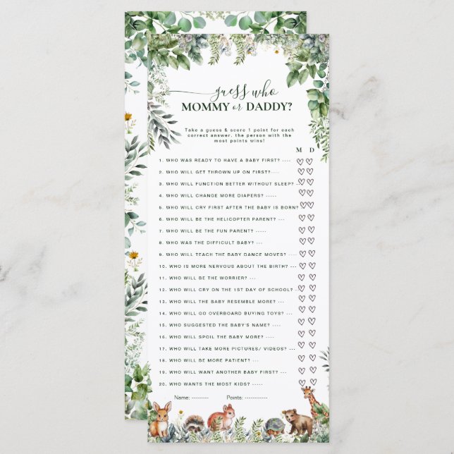 Woodland Guess Mummy or Daddy Baby Shower Game  (Front/Back)