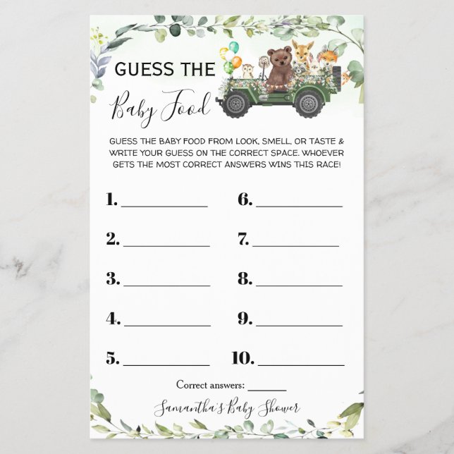 Woodland Guess the Baby Food Baby Shower Game Card (Front)