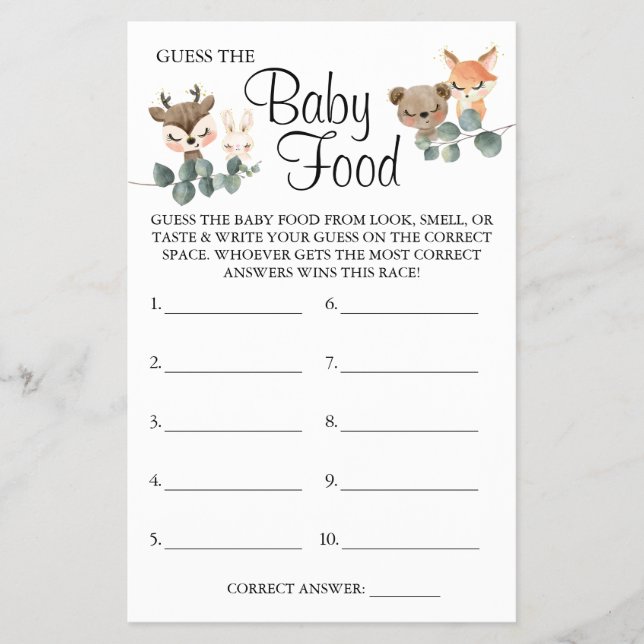 Woodland Guess the Baby food shower game card (Front)