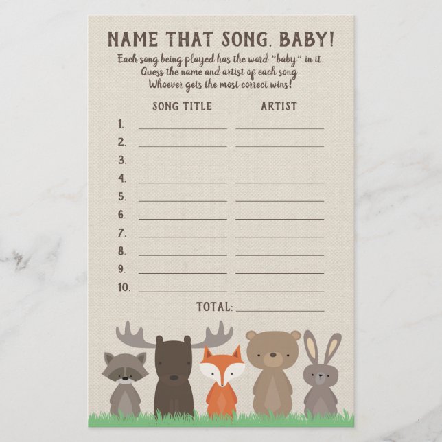 Woodland Guess the Baby Song Baby Shower Game Card (Front)
