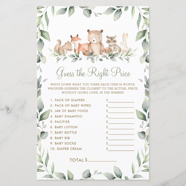 Woodland Guess the Right Price Baby Shower Game (Front)