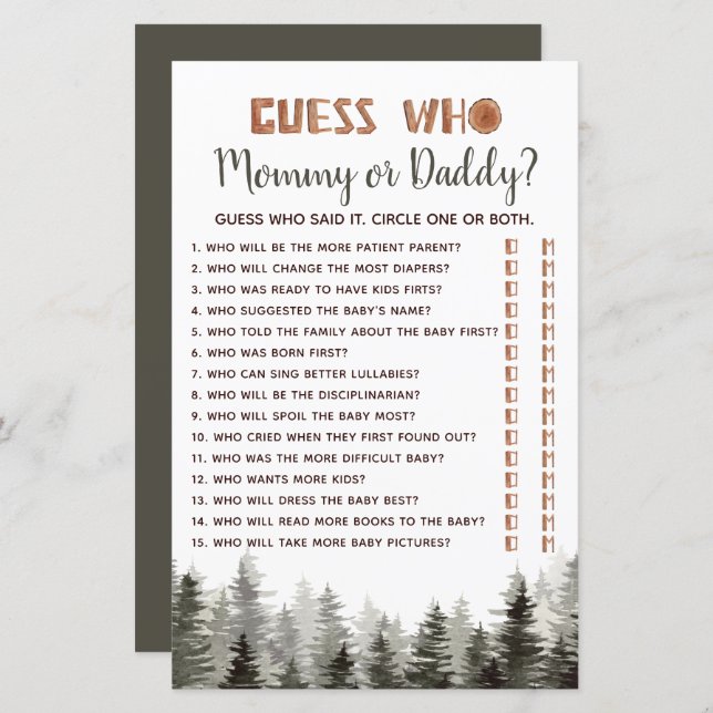 Woodland "Guess Who.." Baby Shower Game   (Front/Back)