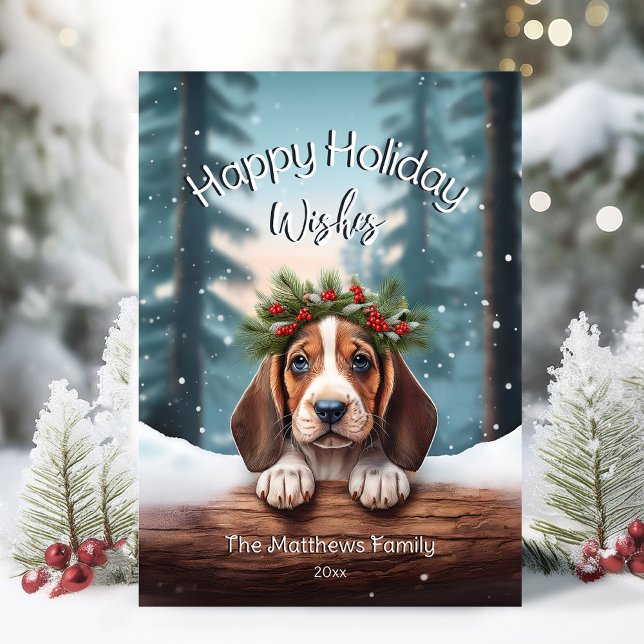 Woodland Happy Christmas Wishes Basset Hound Puppy Holiday Card (Adorable Winter Snowy Scene With Peeking Dogs or Farm/Woodland Animals - Over 50 to Choose From!)