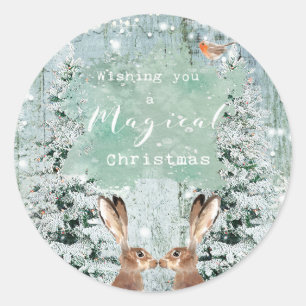 woodland hares winter holiday  classic round sticker