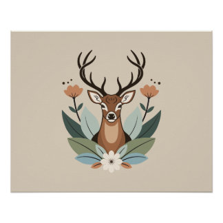 Woodland Harmony – Boho Deer Botanical Illustratio Poster