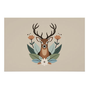 Woodland Harmony – Boho Deer Botanical Illustratio Poster