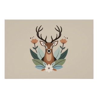Woodland Harmony – Boho Deer Botanical Illustratio Poster