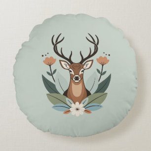 Woodland Harmony – Boho Deer Botanical Illustratio Round Cushion