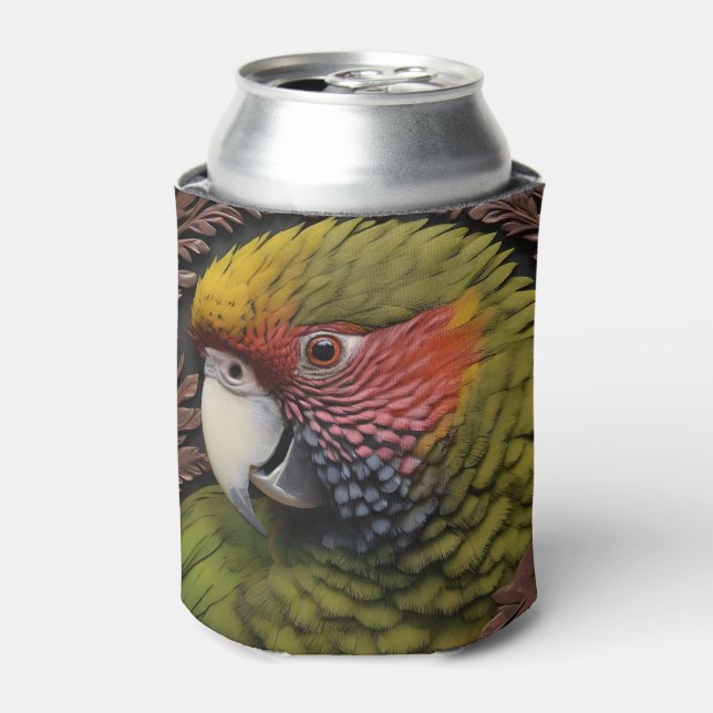 Woodland Harmony: Green Lorikeet On Carved Wood Can Cooler (Can Front)