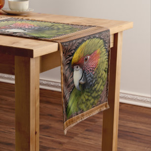 Woodland Harmony: Green Lorikeet On Carved Wood Long Table Runner