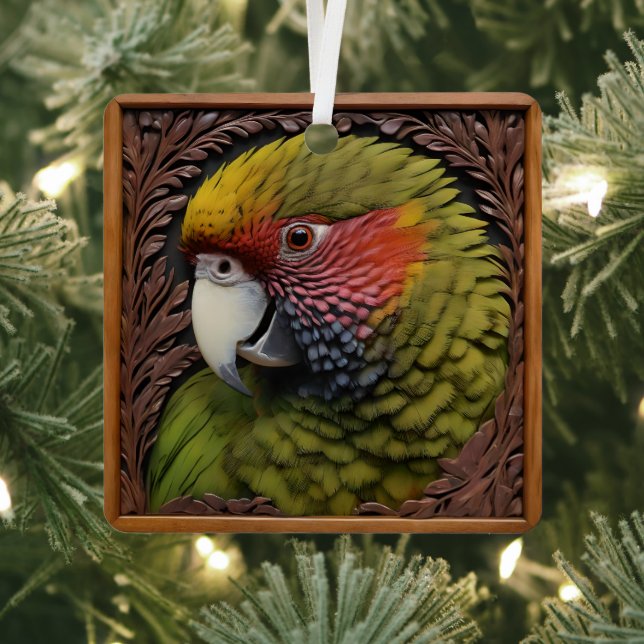 Woodland Harmony: Green Lorikeet On Carved Wood Metal Tree Decoration (Insitu)