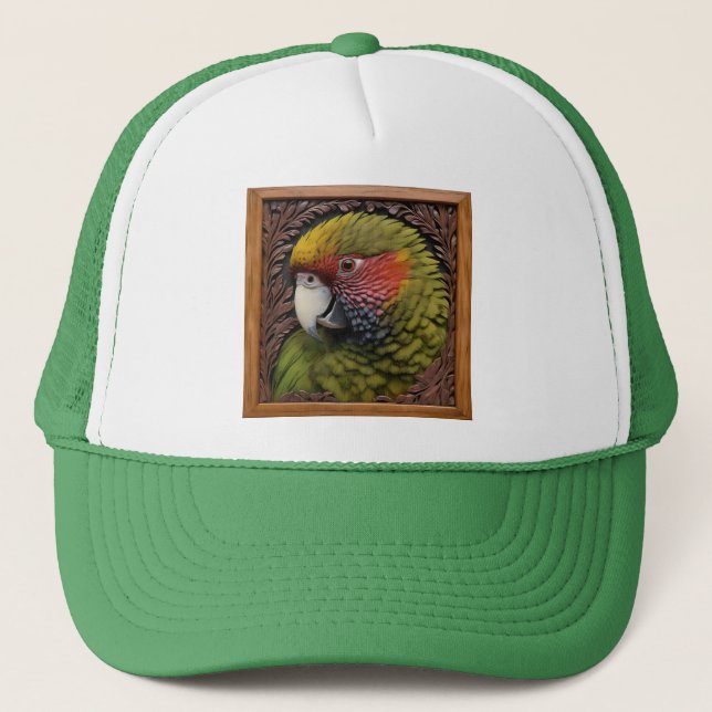 Woodland Harmony: Green Lorikeet On Carved Wood Trucker Hat (Front)