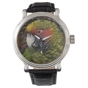 Woodland Harmony: Green Lorikeet On Carved Wood Watch