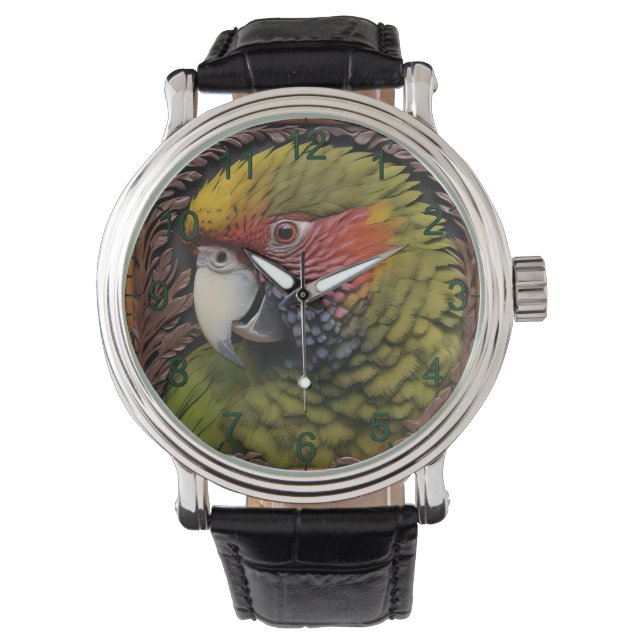 Woodland Harmony: Green Lorikeet On Carved Wood Watch (Front)