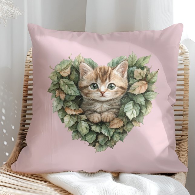 Woodland Heart Kitty - Cosy Fall Cushion (Woodland Heart Kitty - Cozy Fall Throw Pillow in a sunny boho rattan chair.)