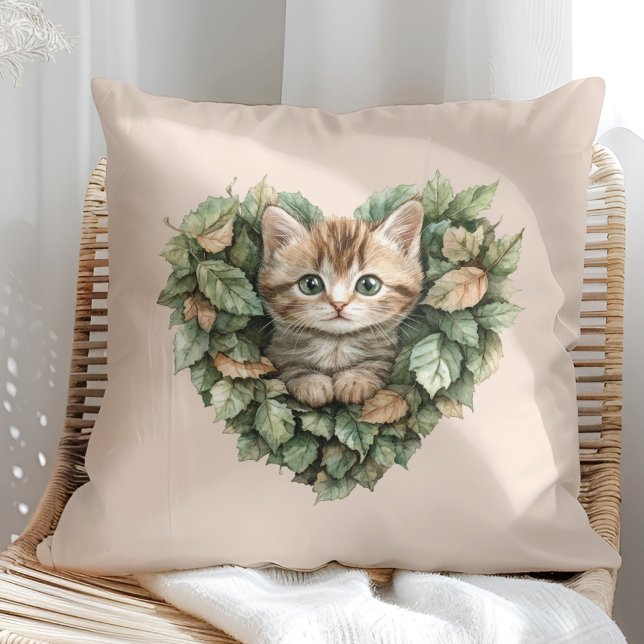 Woodland Heart Kitty - Cosy Fall Cushion (Woodland Heart Kitty - Cozy Fall Throw Pillow in a sunny boho rattan chair.)