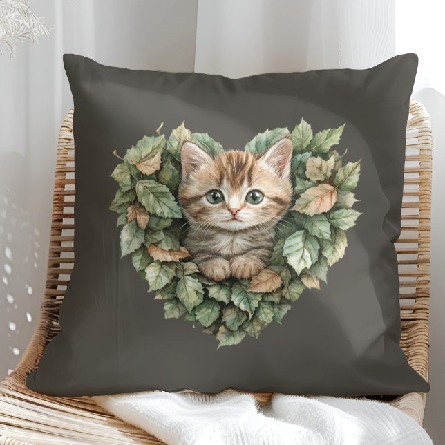 Woodland Heart Kitty - Cosy Fall Cushion (Woodland Heart Kitty - Cozy Fall Throw Pillow in a sunny boho rattan chair.)