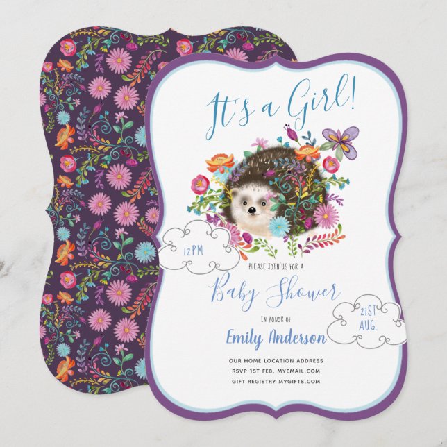 Woodland Hedgehog Baby Girl Shower Invitations (Front/Back)