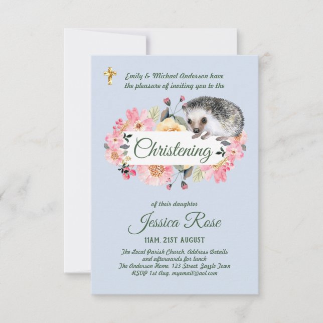 Woodland Hedgehog Boys Christening Invite Baptism  (Front)