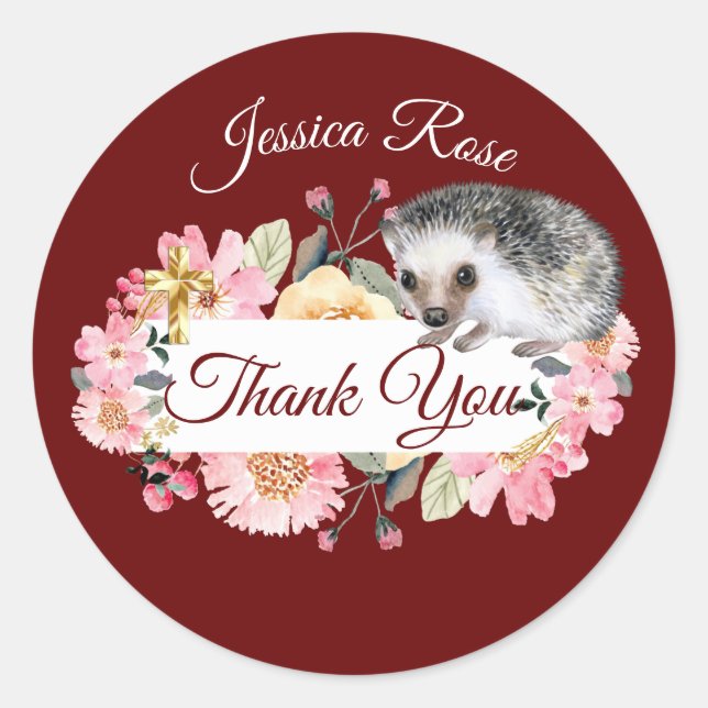 Woodland Hedgehog  Christening Baptism Burgundy Classic Round Sticker (Front)