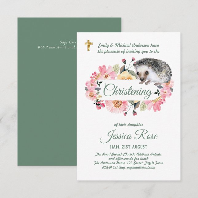 Woodland Hedgehog Christening Invites Baptism  (Front/Back)