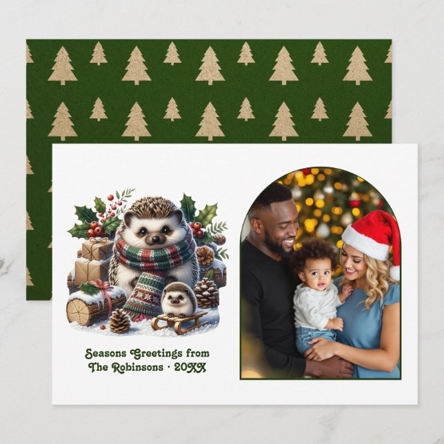 Woodland Hedgehog Family Cosy Forest Christmas Holiday Card (Front/Back)