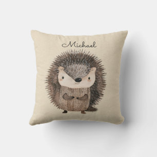 Woodland Hedgehog Faux Linen Personalised Cushion