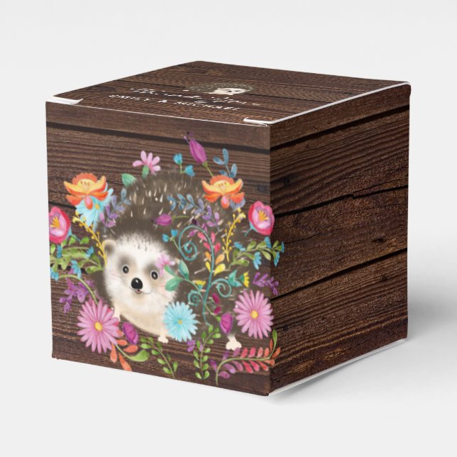 Woodland Hedgehog Favours Box Rustic Wood Square (Front Side)