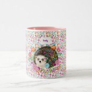 Woodland Hedgehog Folk Flowers Personalised Two-Tone Coffee Mug