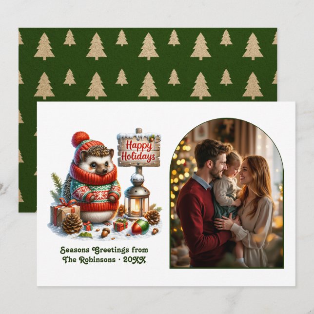 Woodland Hedgehog Happy Holidays Cosy Forest Photo Holiday Card (Front/Back)